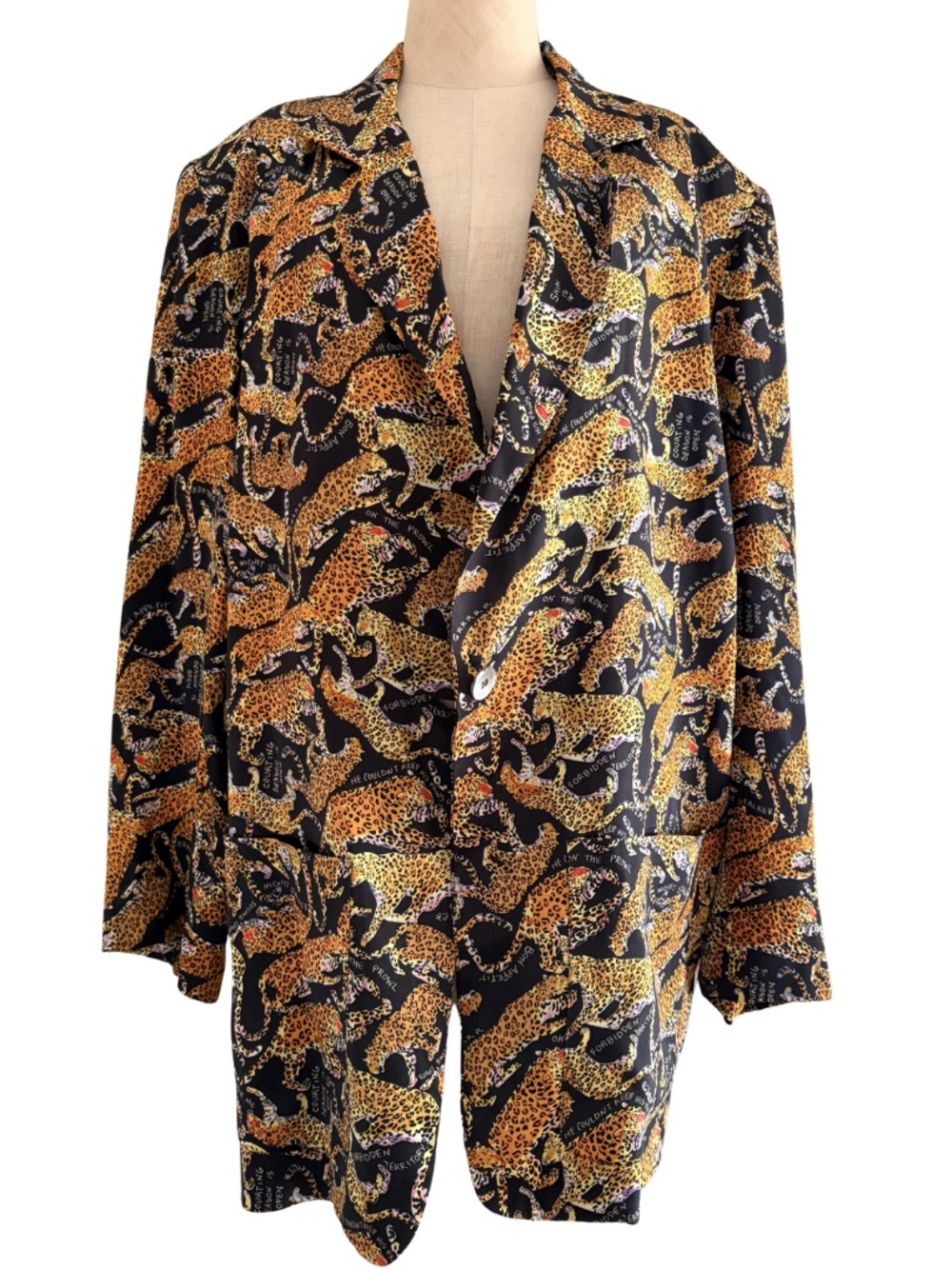 VTG 1992 Leopard Print Saying Blazer Jacket 100% Silk Large RARE Nicole Miller